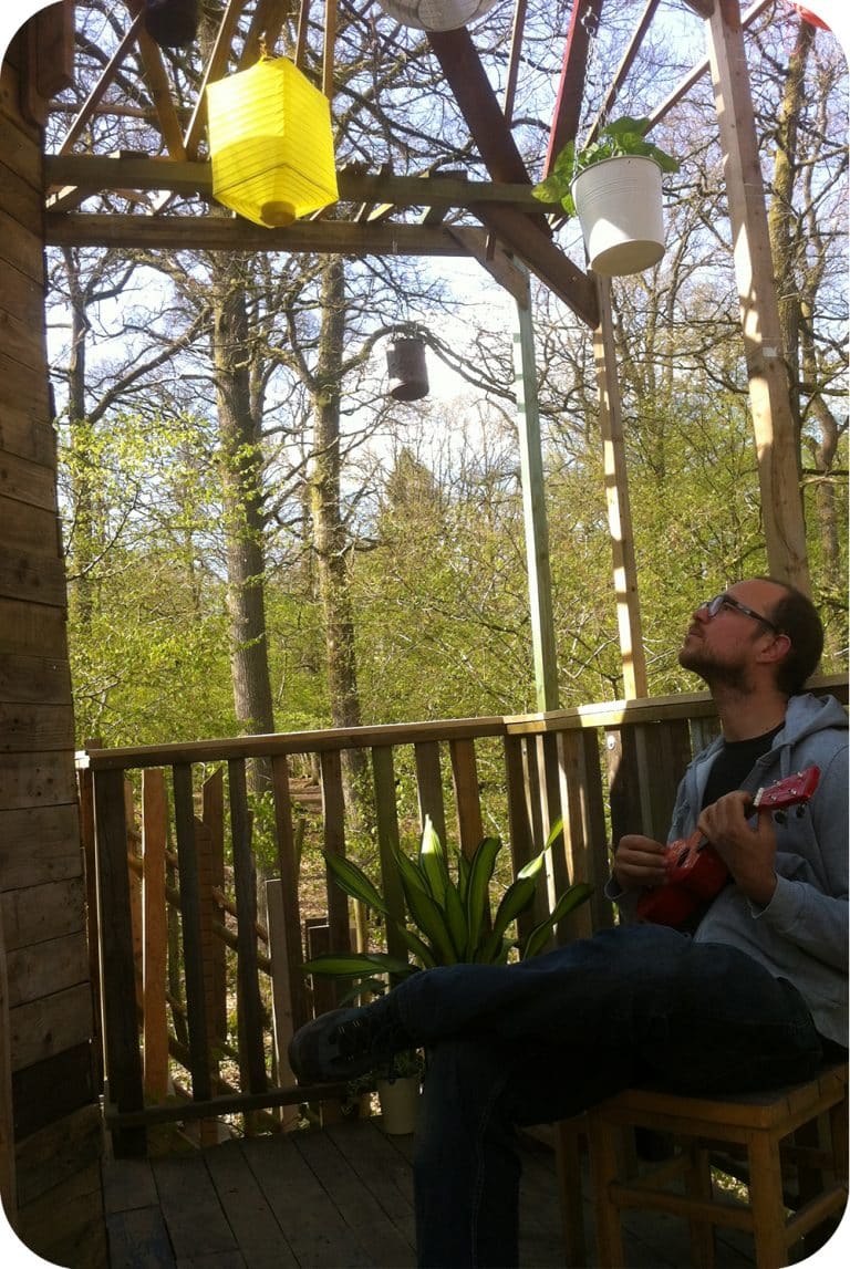 Playing music on the treehouse deck