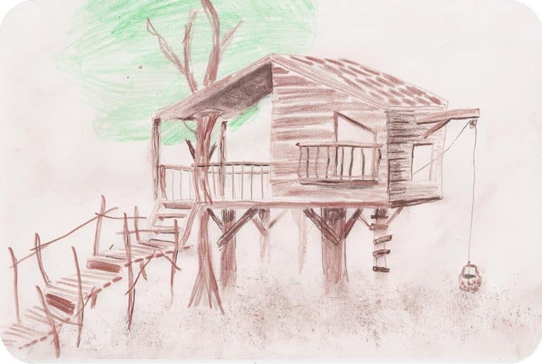 Tekening boomhut met steiger